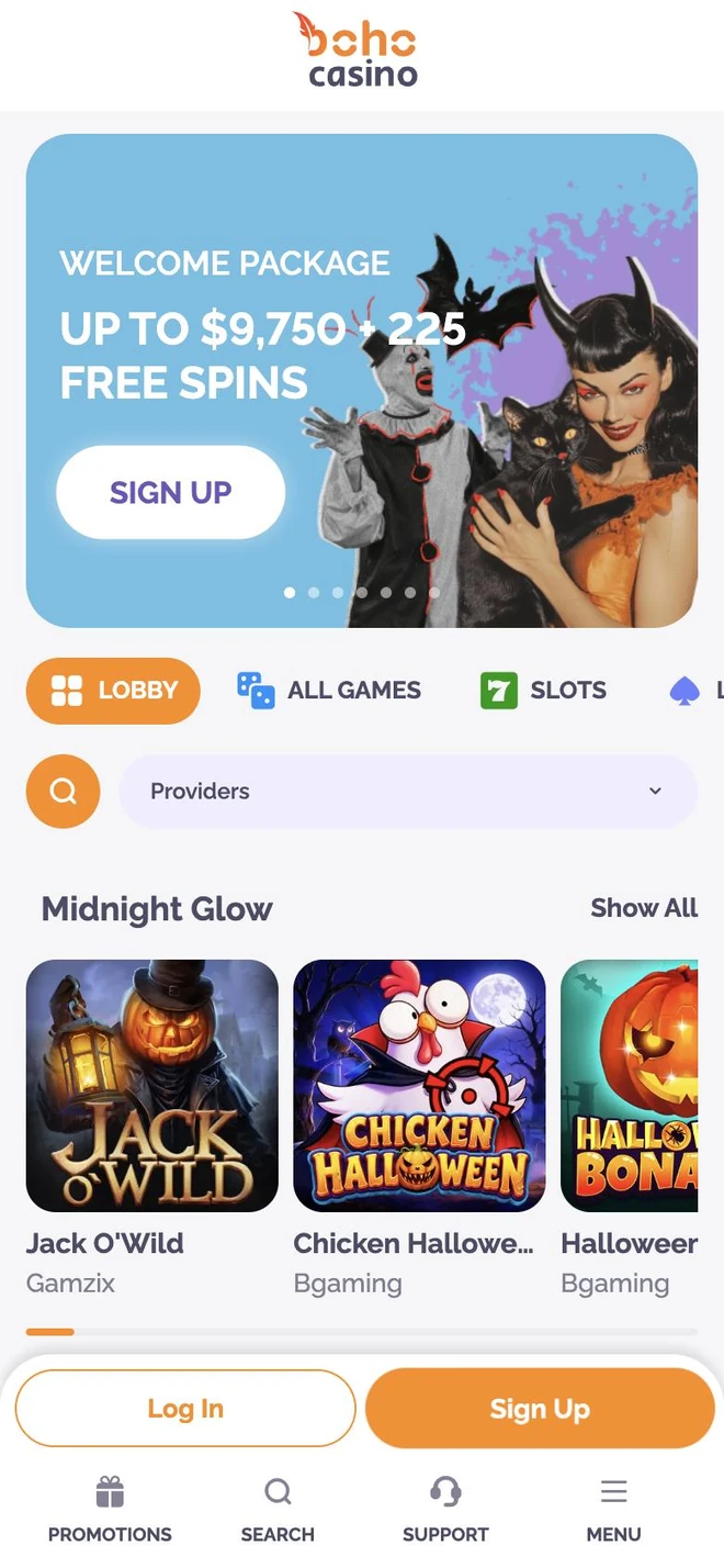 Boho Casino App lobby with the welcome package banner and seasonal game picks