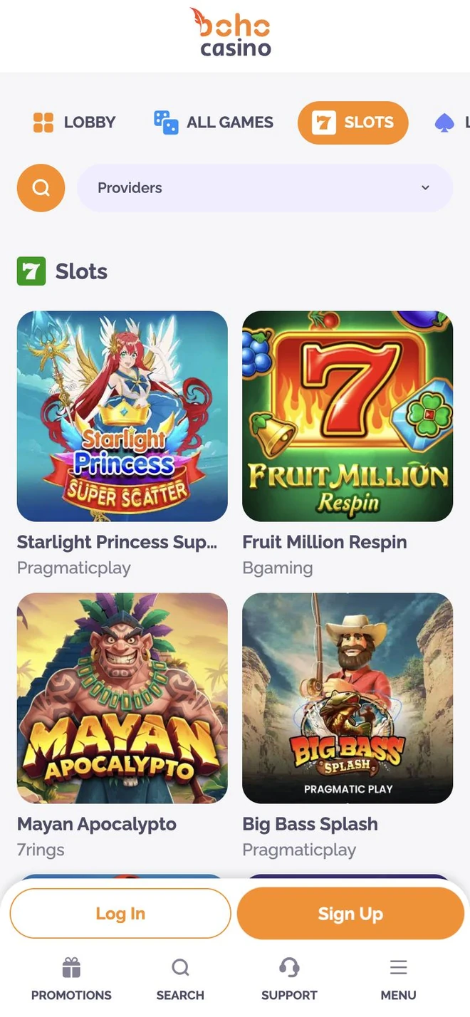 Boho Casino App slots catalogue in a two-column grid
