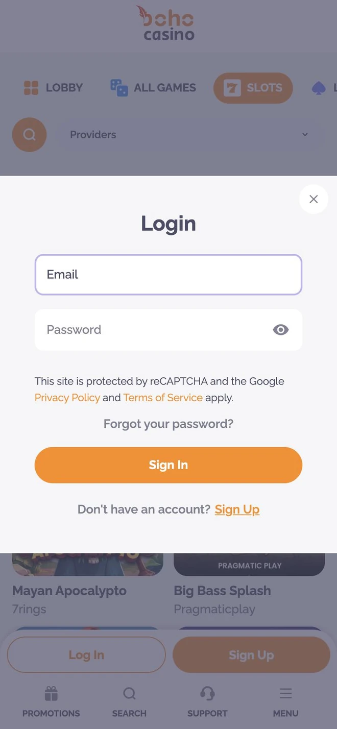 Boho Casino App login window with email and password